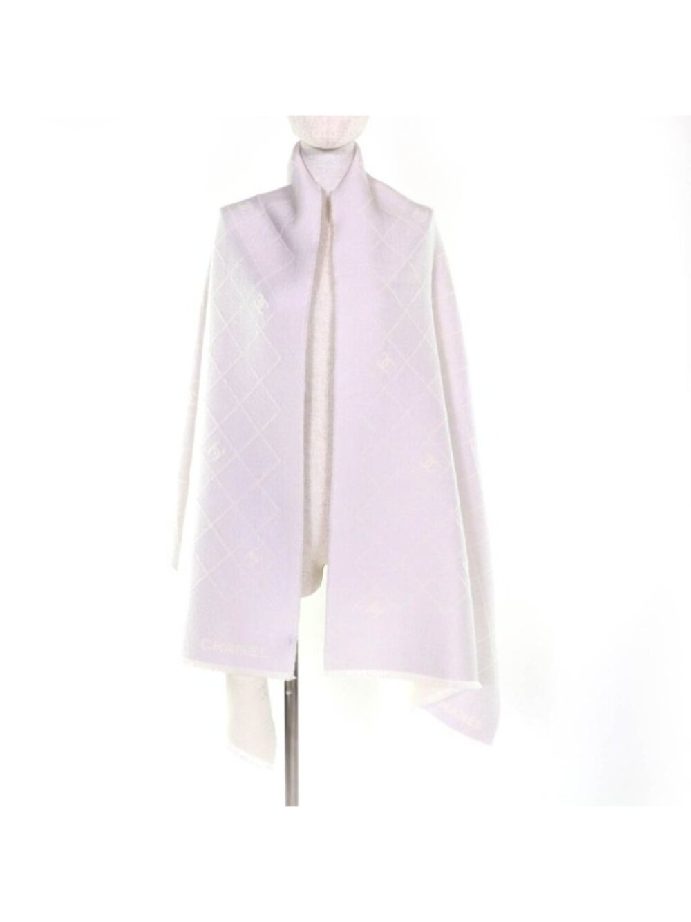 Chanel Coco Mark Quilted Design With Fringe Wool Large Shawl Gray - Picture 3 of 14